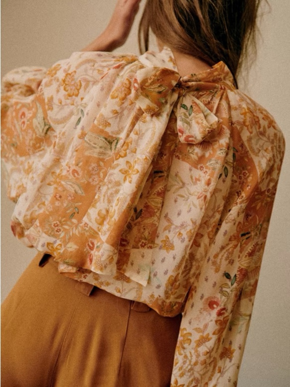 SEZANE Orange Tan Boho Floral Patchwork Flowy Chiffon Tie Back Solange Blouse - Picture 3 of 17
